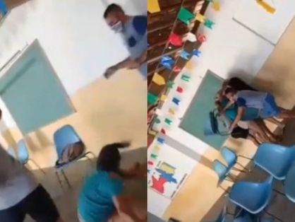 Montagem de fotos de frames de vídeo de três pessoas brigando em um local de vacinação