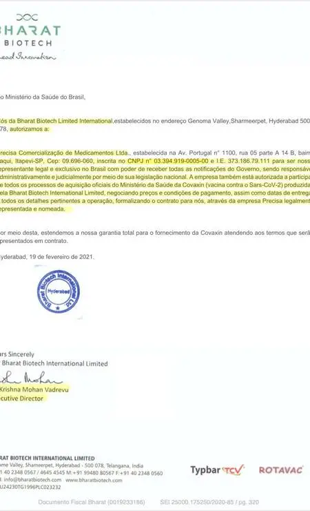 Documento enviado pela Precisa ao Ministério da Saúde