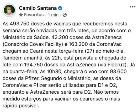 O anúncio dos lotes foi feito pelo governador Camilo Santana em suas redes sociais