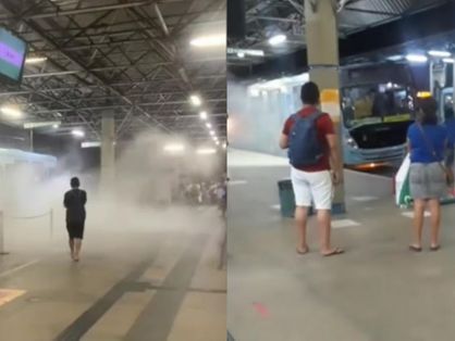 prints de vídeo que mostra fumaça saindo de ônibus que sofreu princípio de incêndio