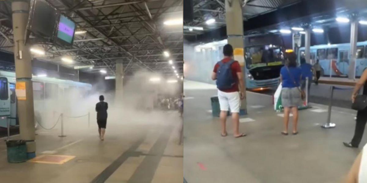 prints de vídeo que mostra fumaça saindo de ônibus que sofreu princípio de incêndio