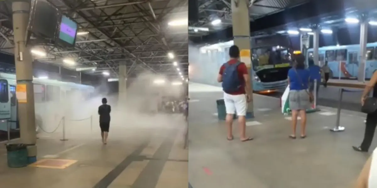 prints de vídeo que mostra fumaça saindo de ônibus que sofreu princípio de incêndio