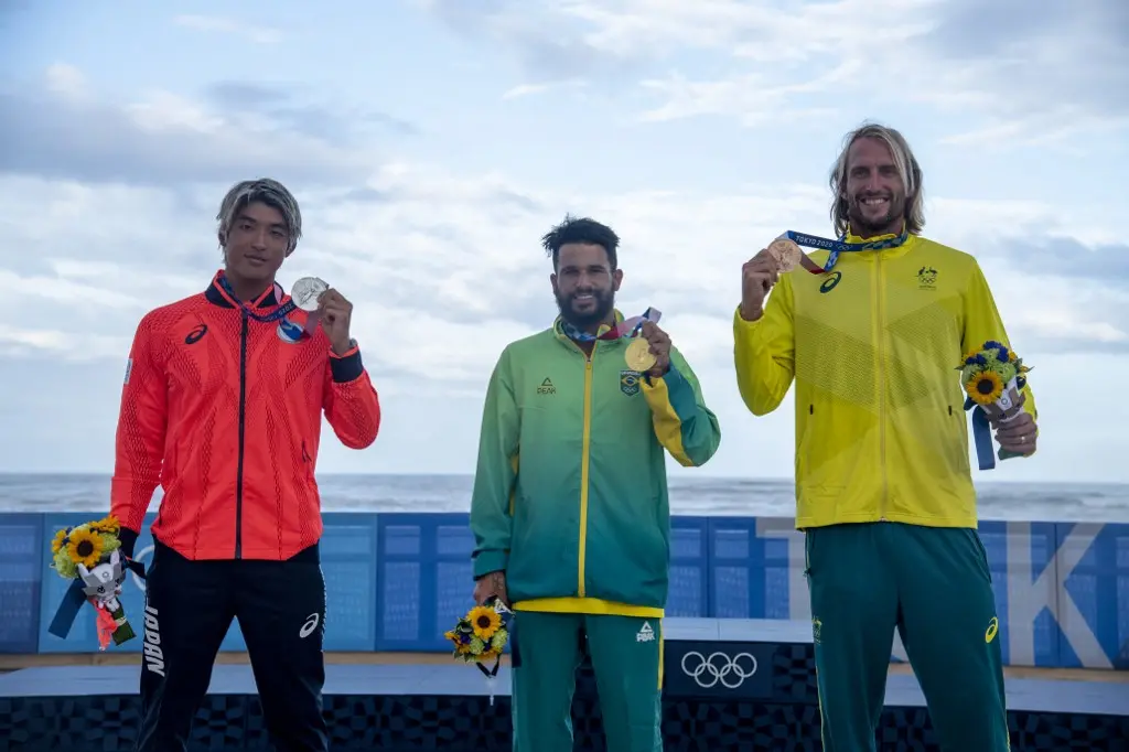 Italo Ferreira ao lado dos outros medalhistas do surfe