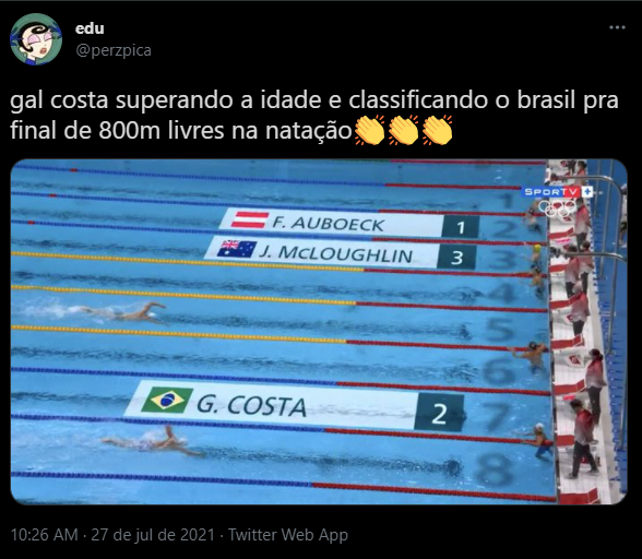 Print de meme sobre gal costa na natação olímpica em tóquio