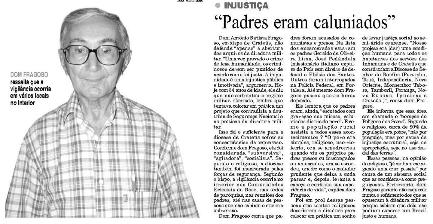 Reportagem de 2005 do Diário do Nordeste trouxe entrevista com Dom Fragoso