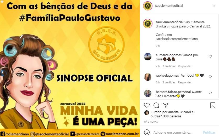 Post sobre sinopse postada em rede social de escola de samba