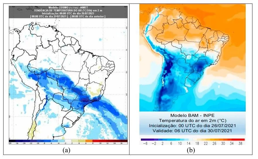 Onda de frio apresentada em previsões dos modelos numéricos na região Sul do País