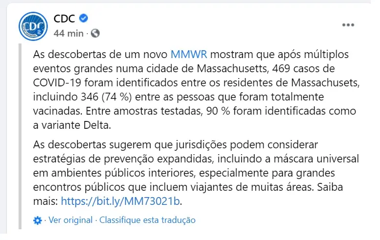 Publicação do CDC sobre novos casos confirmados da cepa Delta nos Estados Unidos
