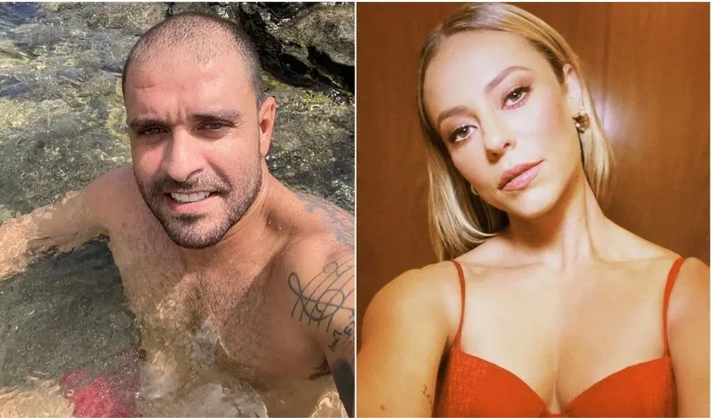 Montagem com foto de Diogo Nogueira sem blusa e Paolla Oliveira usando vestido vermelho