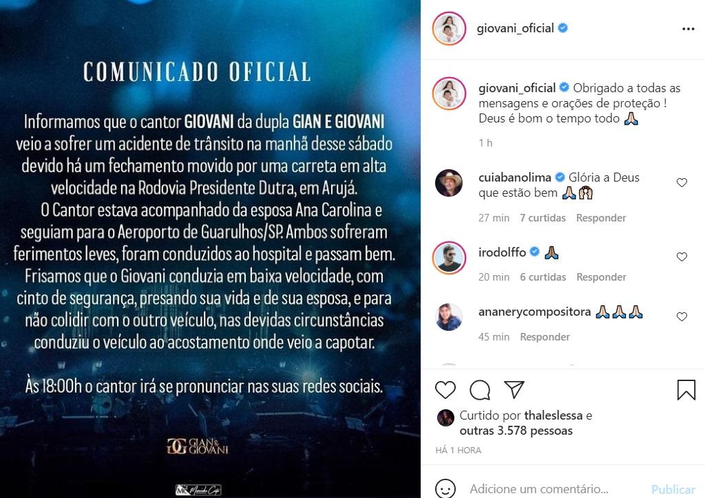 Equipe de sertanejo postou nota sobre acidente em rede social