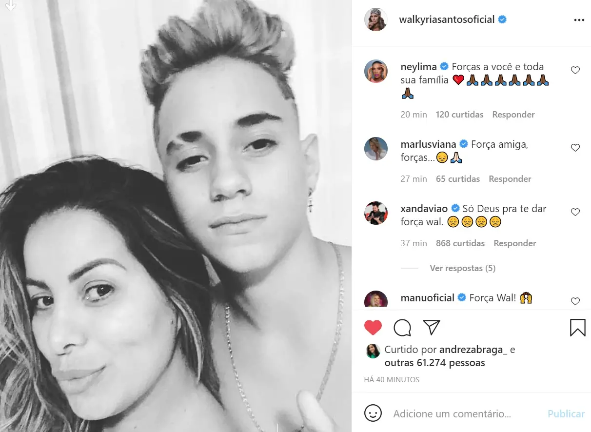 Postagem de Walkyria Santos sobre a partida do filho