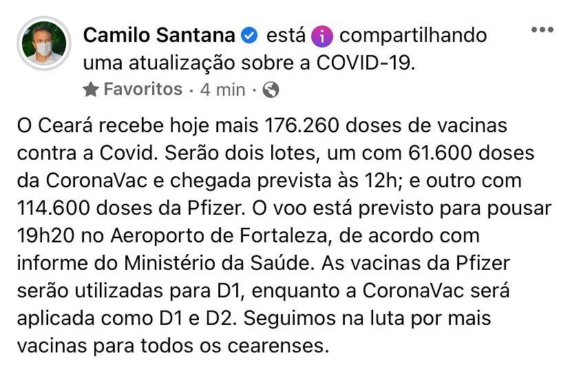 Vacinas chegarão em voos separados, diz Camilo
