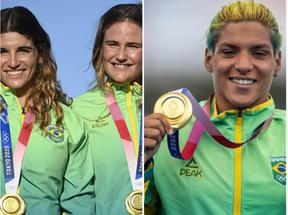 Rebeca Andrade, Martine e Kahena, além de Ana Marcela ostentando medalhas de ouro