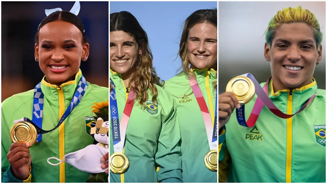 Rebeca Andrade, Martine e Kahena, além de Ana Marcela ostentando medalhas de ouro