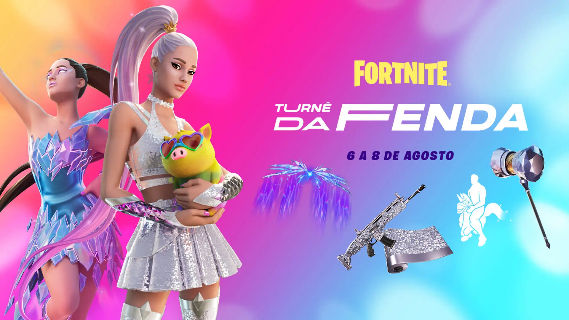 Banner de divulgação da Turnê da Fenda, de Ariana Grande, no Fortnite