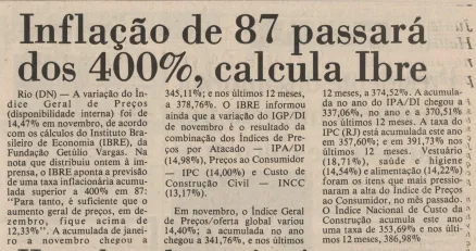 Matéria do Diário do Nordeste em dezembro de 1987 mostra a alta da inflação