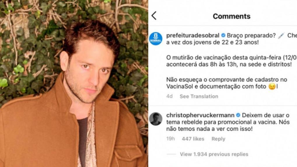 Montagem de foto de  Christopher Uckermann, do RBD, com comentário dele criticando uso da imagem do grupo pela Prefeitura de Sobral