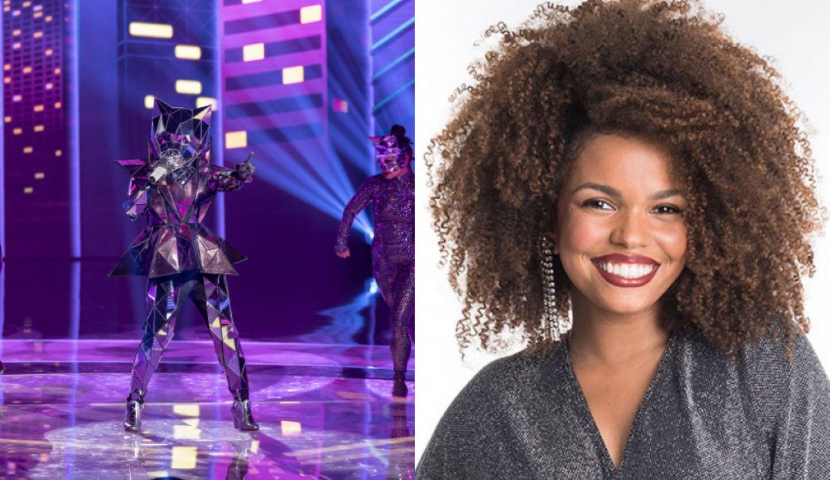 Montagem de fotos da personagem Gata Espelhada e a atriz Jennifer Nascimento