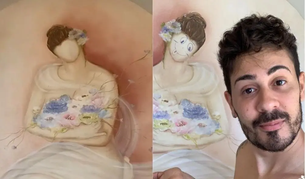 Montagem com imagem do quadro original (à esquerda) e após a intervenção, ao lado de Carlinhos Maia (à direita)