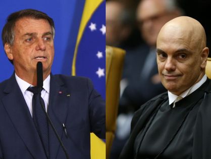 Foto de Bolsonaro falando em microfone e de Alexandre de Moraes sentado em cadeira do STF
