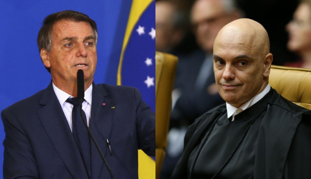 Foto de Bolsonaro falando em microfone e de Alexandre de Moraes sentado em cadeira do STF