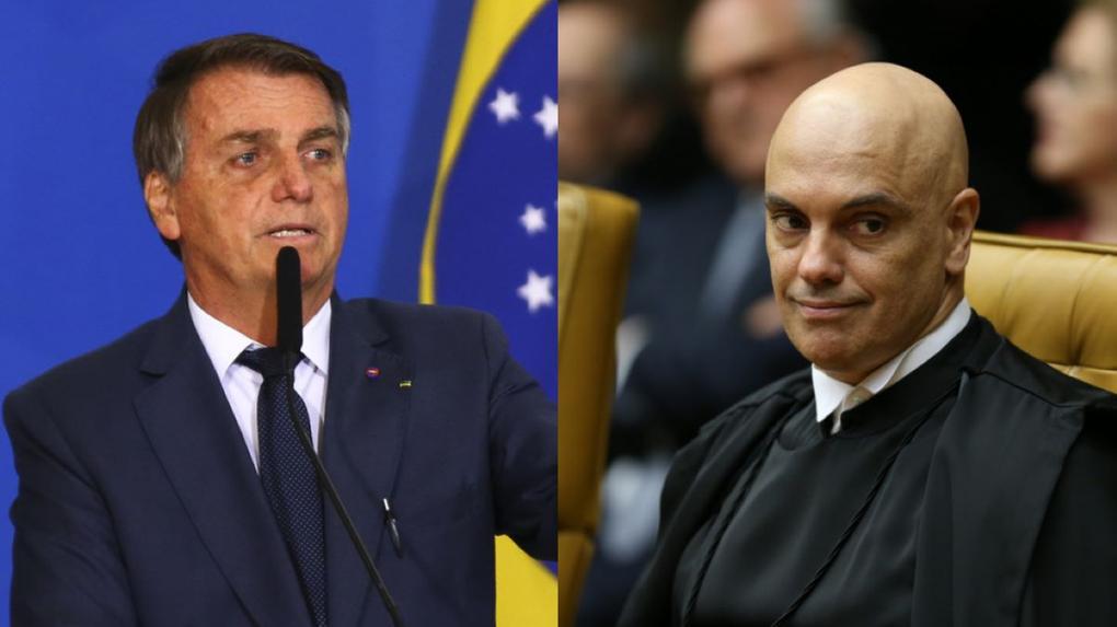 Foto de Bolsonaro falando em microfone e de Alexandre de Moraes sentado em cadeira do STF