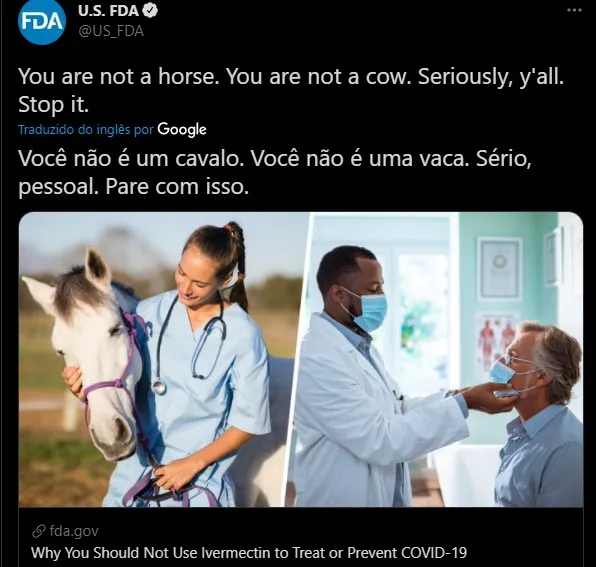 Indicação foi postada no perfil oficial da FDA no Twitter neste sábado (21)