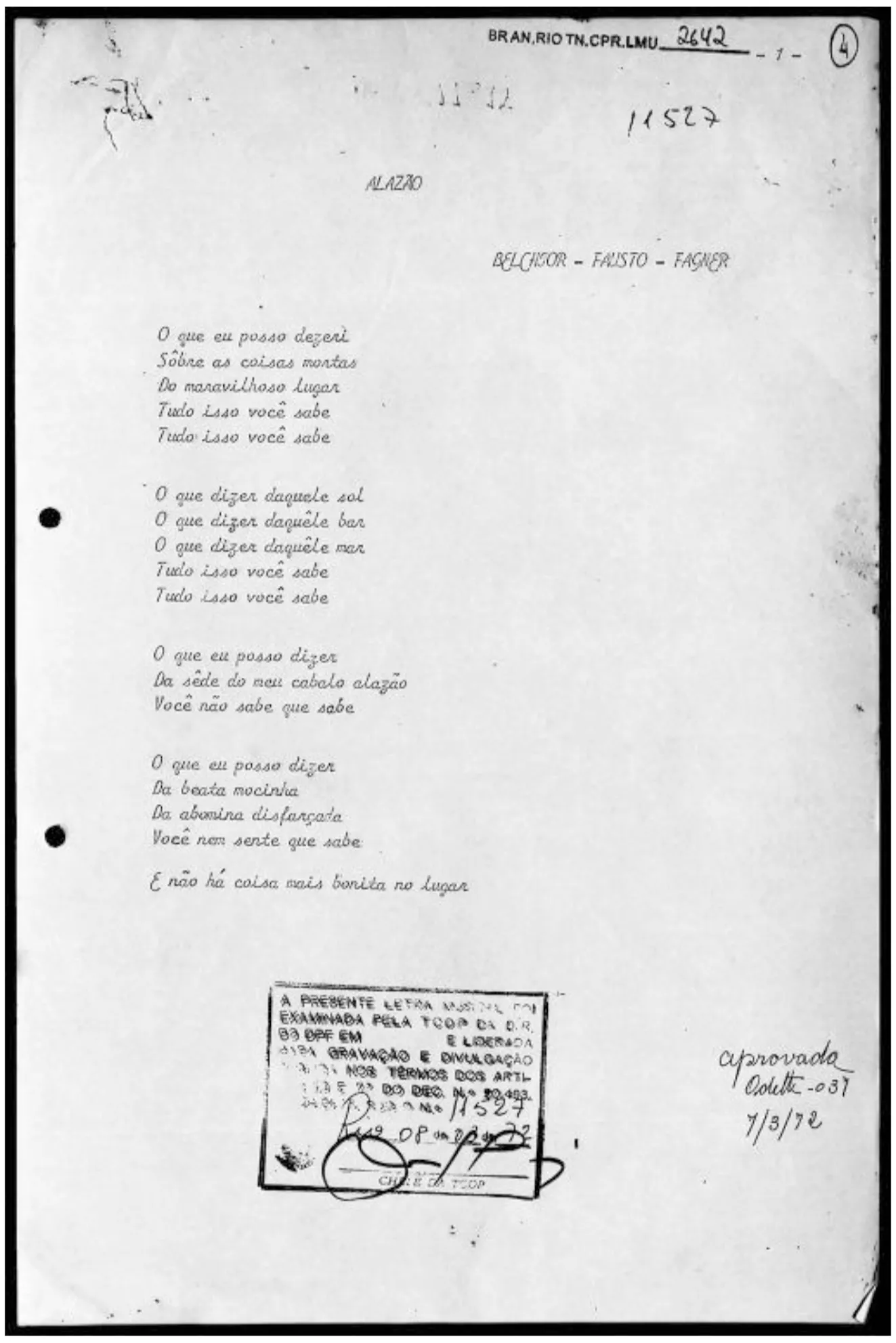 Documento com a letra de 
