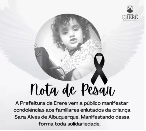 Uma criança de dois anos de idade morreu após sofrer uma descarga elétrica nesta segunda-feira (23) no município de Ereré, no interior do Ceará