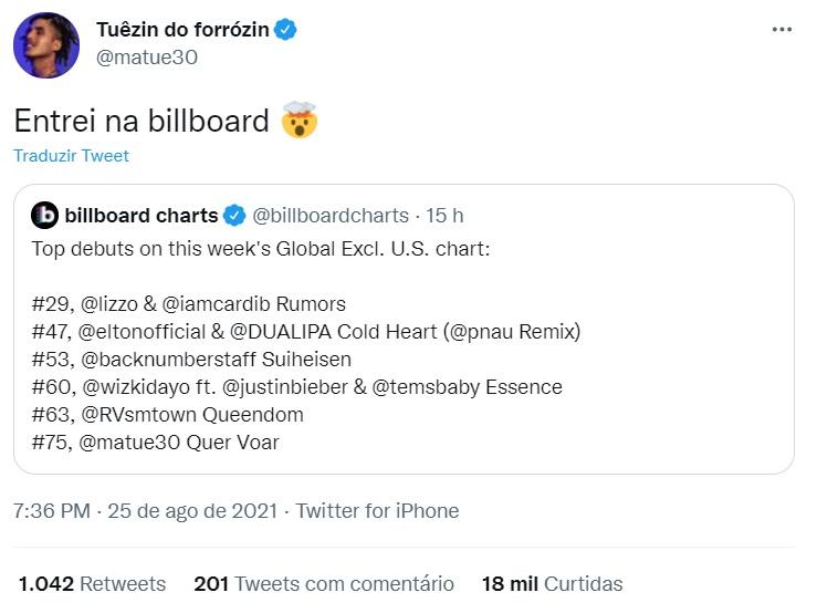 Matuê repostou tweet da Billboard falando da estreia na Billboard