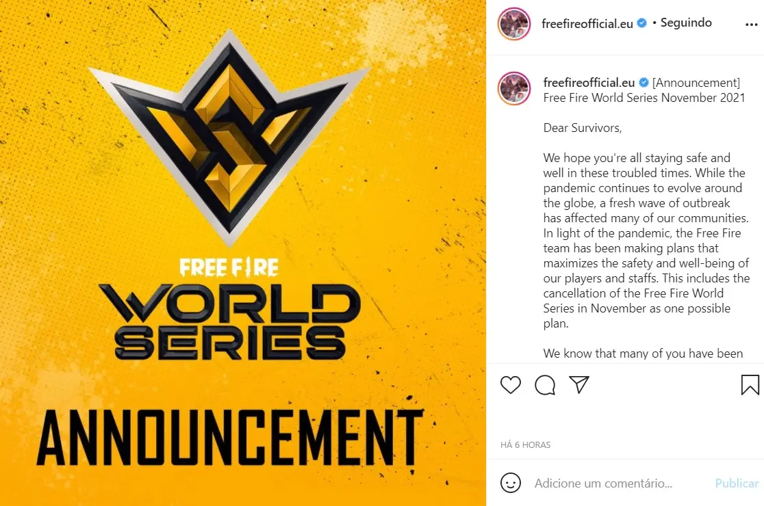 Nota do Free Fire postado em rede social sobre o cancelamento do mundial
