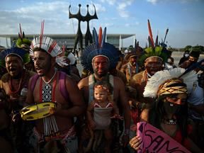 Protesto de povos originários em Brasília pela derrubada do Marco Temporal
