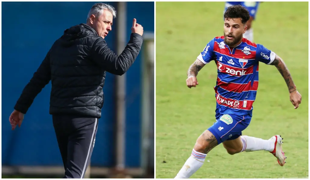 Tiago Nunes comandando treino no Grêmio e Lucas Lima em jogo do Fortaleza