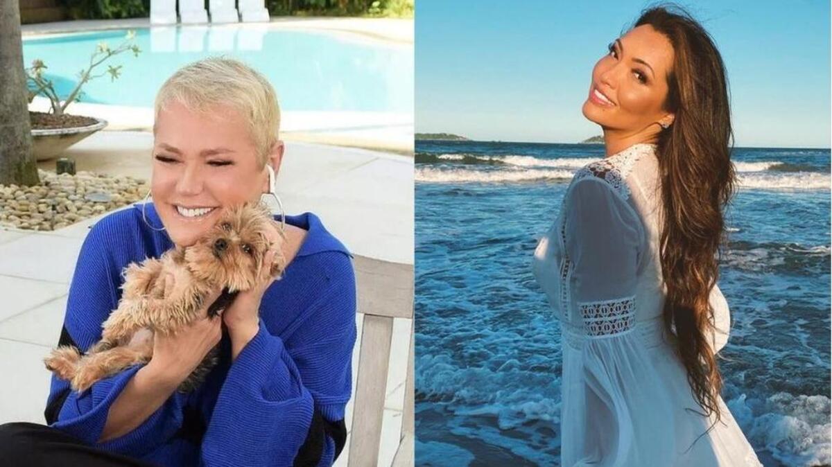 Montagem com foto de Xuxa na mansão (à esquerda) e Karinah em praia (à direita)
