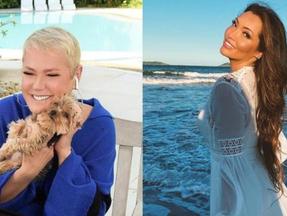 Montagem com foto de Xuxa na mansão (à esquerda) e Karinah em praia (à direita)