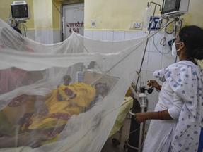 Paciente coberto por mosquiteiro ao lado de enfermeira em hospital da Índia