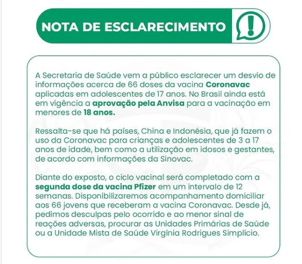 Leia nota divulgada pela pasta