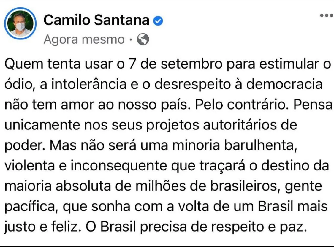 Camilo Santana faz críticas a motivação de atos previstos para o 7 de setembro