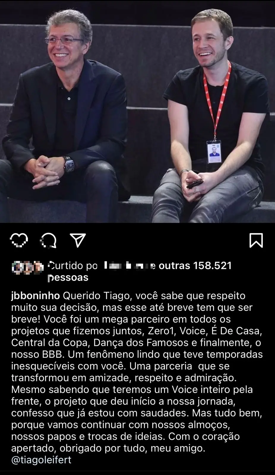 Mensagem de Boninho no Instagram
