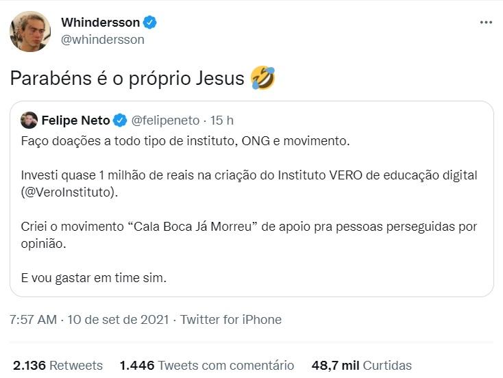 Resposta de Whindersson Nunes para publicação de Felipe Neto