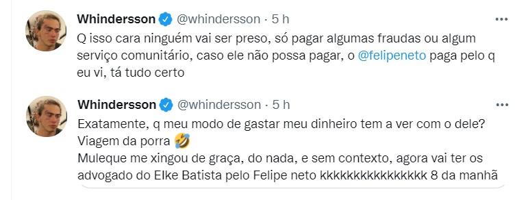 Tweets de Whindersson Nunes sobre conflito com Felipe neto