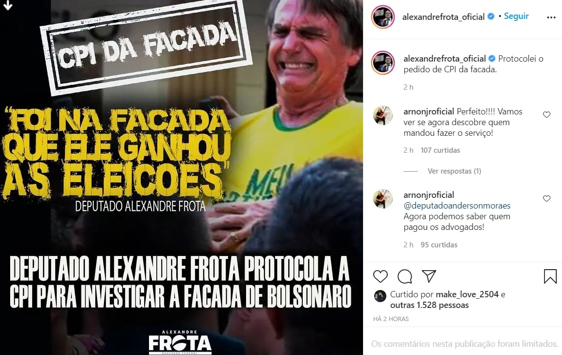 Publicação de Alexandre Frota em rede social sobre CPI