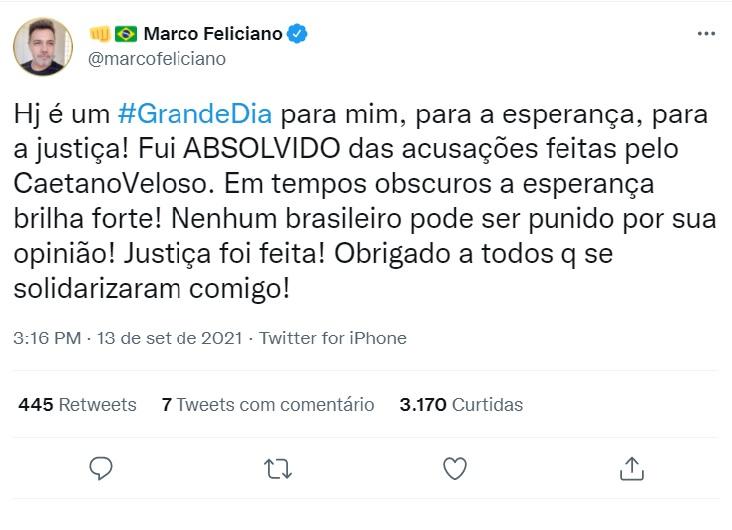 Publicação de Marco Feliciano sobre o caso em rede social