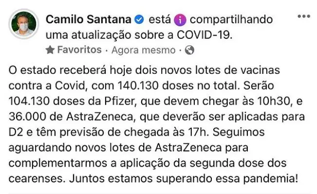 Comunicado de Camilo Santana sobre chegada de vacinas