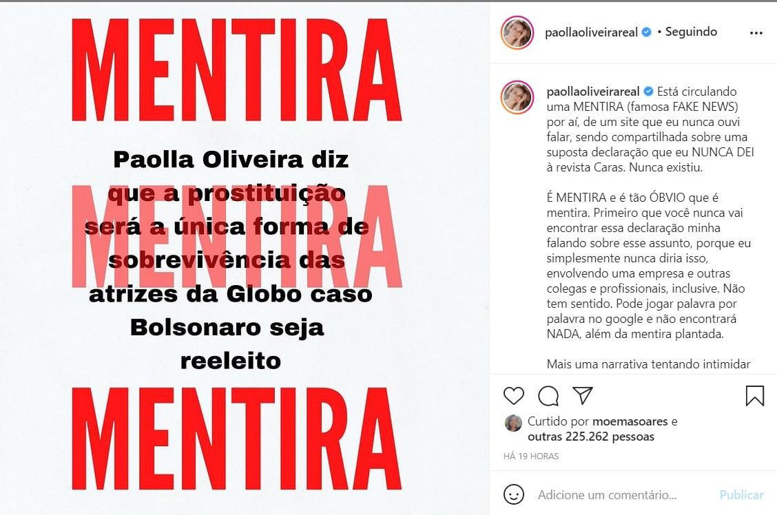 Paolla Oliveira teve mais de 250 mil curtidas em postagem de defesa
