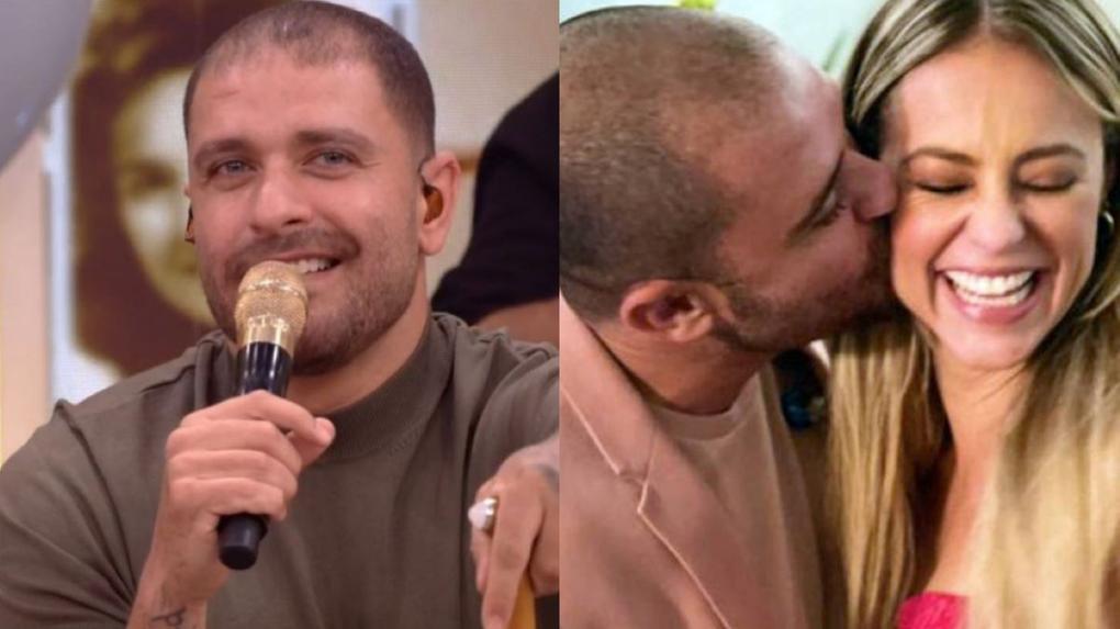 Montagem de fotos de Diogo Nogueira e Paolla Oliveira. Na segunda foto, Diogo está beijando a bochecha de Paolla, que está sorrindo