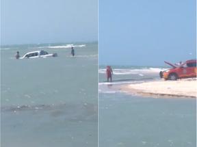 Picape de turista atola, e veículo fica quase submerso no mar de Jijoca de Jericoacora, no Ceará
