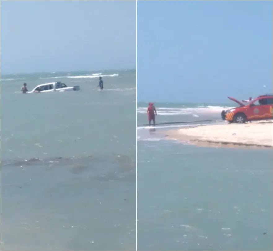Picape de turista atola, e veículo fica quase submerso no mar de Jijoca de Jericoacora, no Ceará