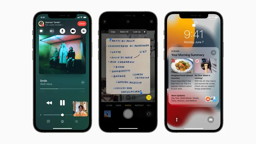 iPhones com telas mostrando novas funcionalidades do iOS 15