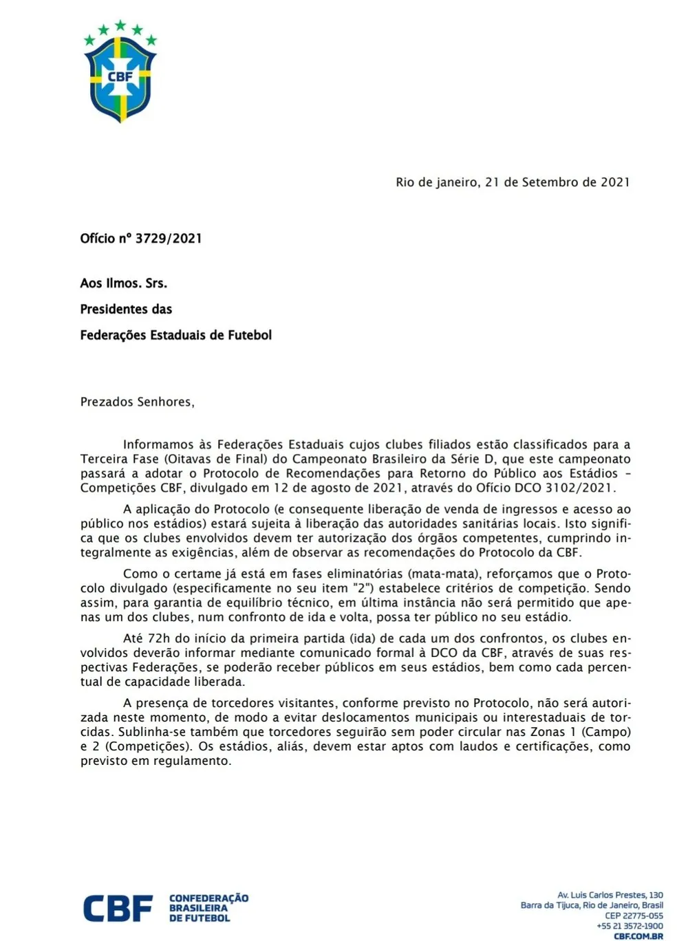 Ofício enviado pela CBF às federações estaduais de futebol